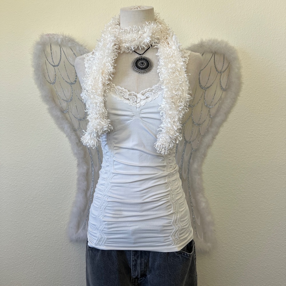 Vtg White Scarf Knit‎ Fuzzy Eyelash Y2K 90s Art Whimsygoth Quirky 90s Small